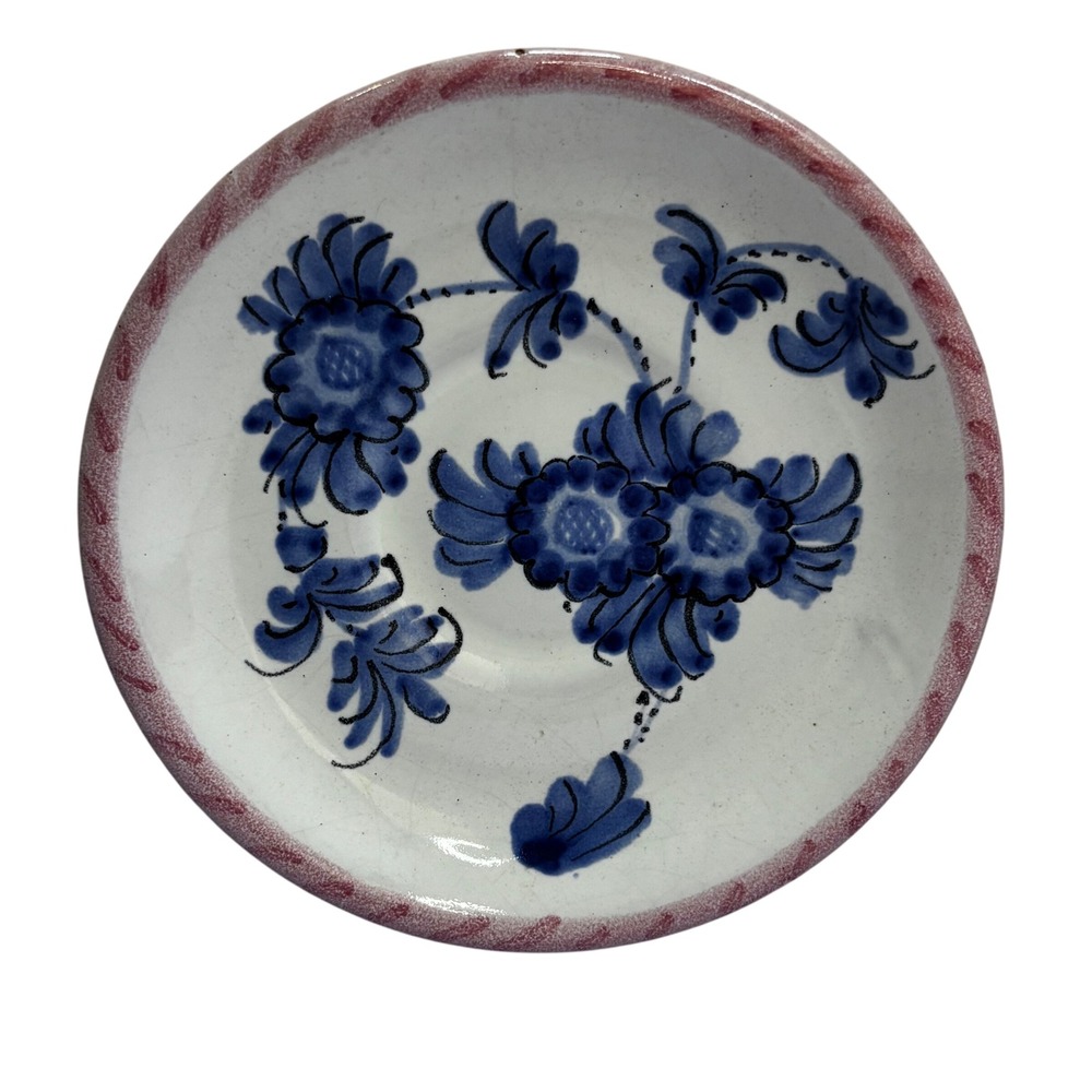Vintage Italian Pottery Hand Painted Blue Floral‎ Saucer Signed Italy 4.75 Inch